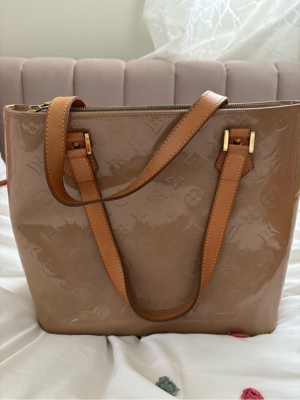 Louis Vuitton Nude Patent Monogram Shoulder Bag with Tan Straps